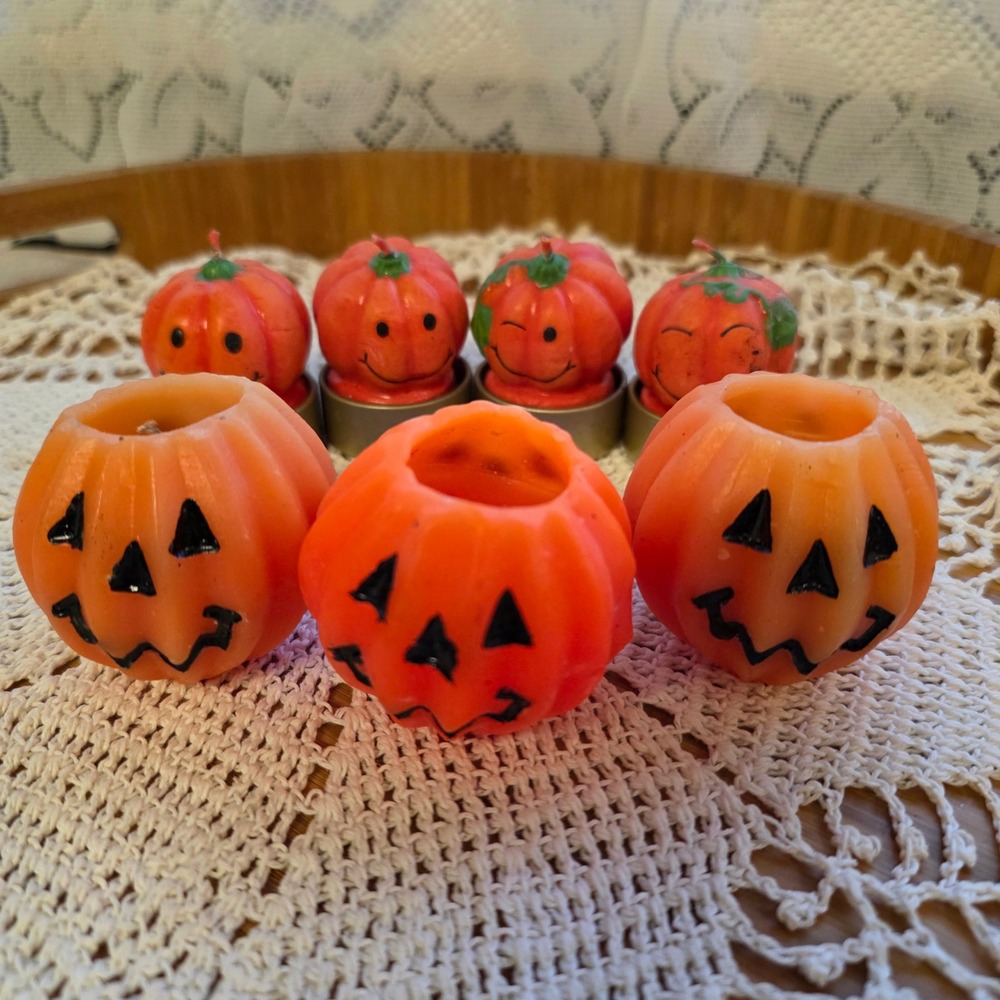Vintage Pumpkin Tea Light & Votive Candles Set Lot of 7, Orange Halloween Decor